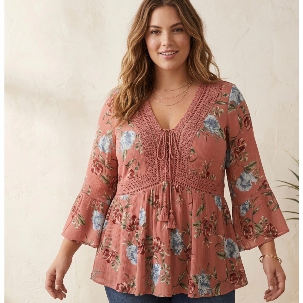 Torrid Floral Babydoll Top Womens 0 L  Dusty Coral Pink Boho Crochet Lace Blouse